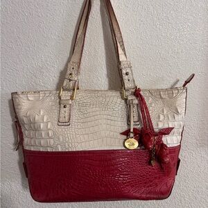 Used Vintage Red and White Brahmin w/Red Leather Rose Fob Purse charm.